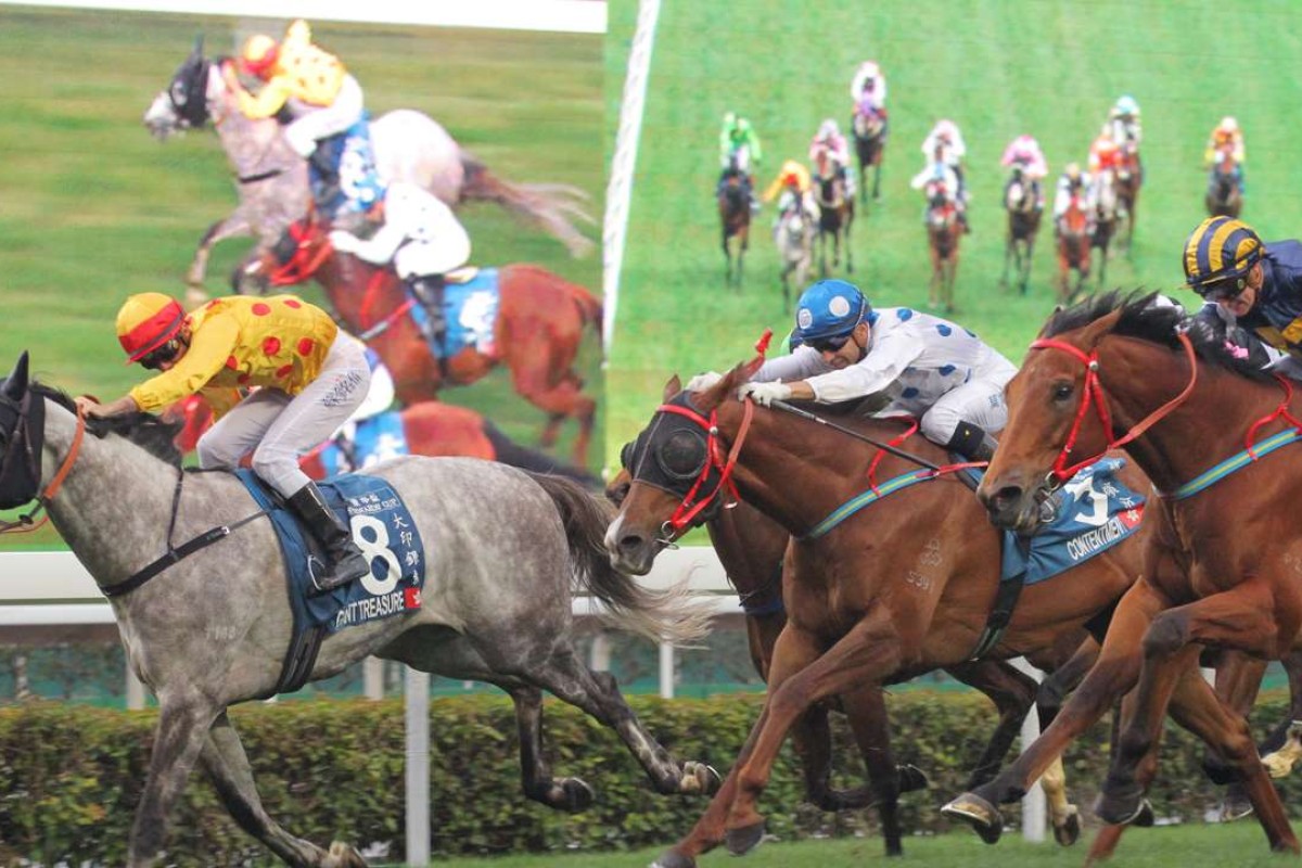 Giant Treasure beats Luger (right) and Contentment in the Stewards' Cup (1,600m) at Sha Tin in January. Photos: Kenneth Chan