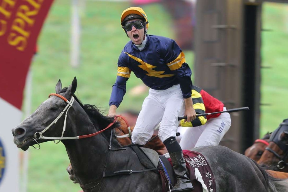 Tommy Berry celebrates as Chautauqua wins the Chairman’s Sprint Prize. Photo: Kenneth Chan