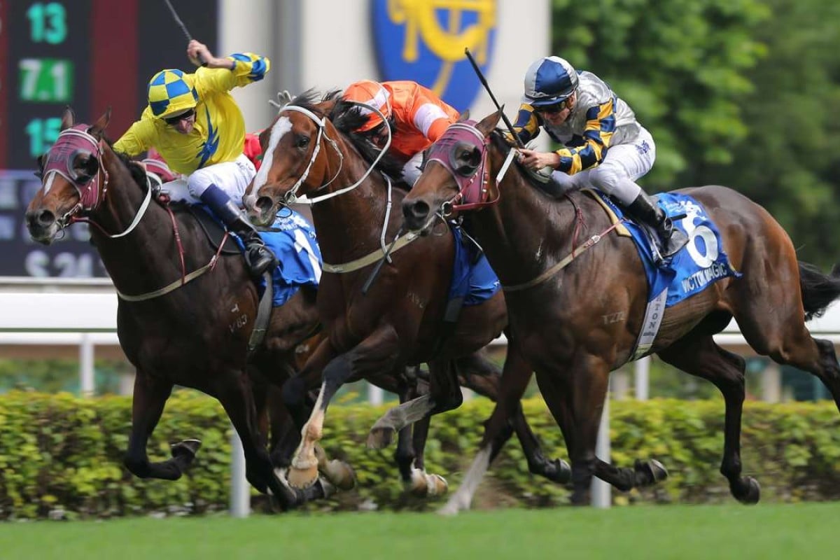 Blazing Speed (middle) just holds off Victory Magic (outside) to win the Champions & Chater Cup, with Werther tenaciously holding down third. Photo: Kenneth Chan