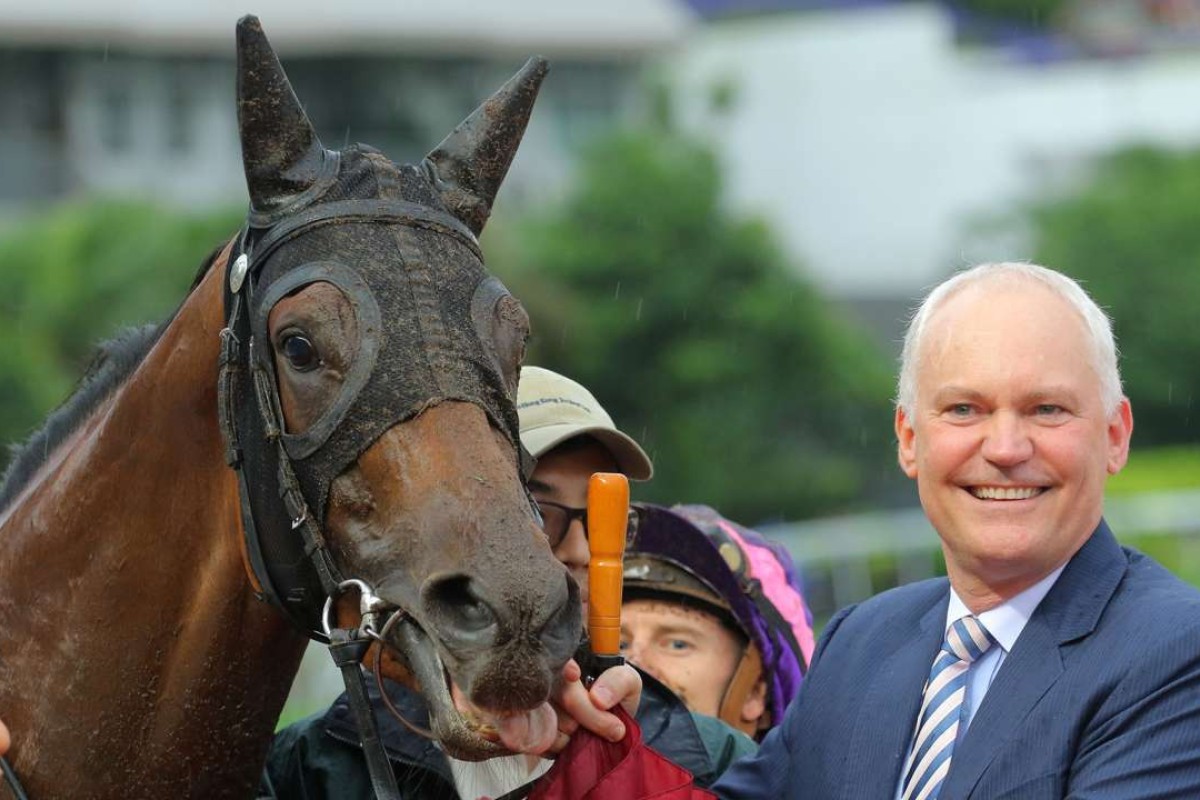 David Hall celebrates after Call Me Handsome wins on debut. Photo: Kenneth Chan