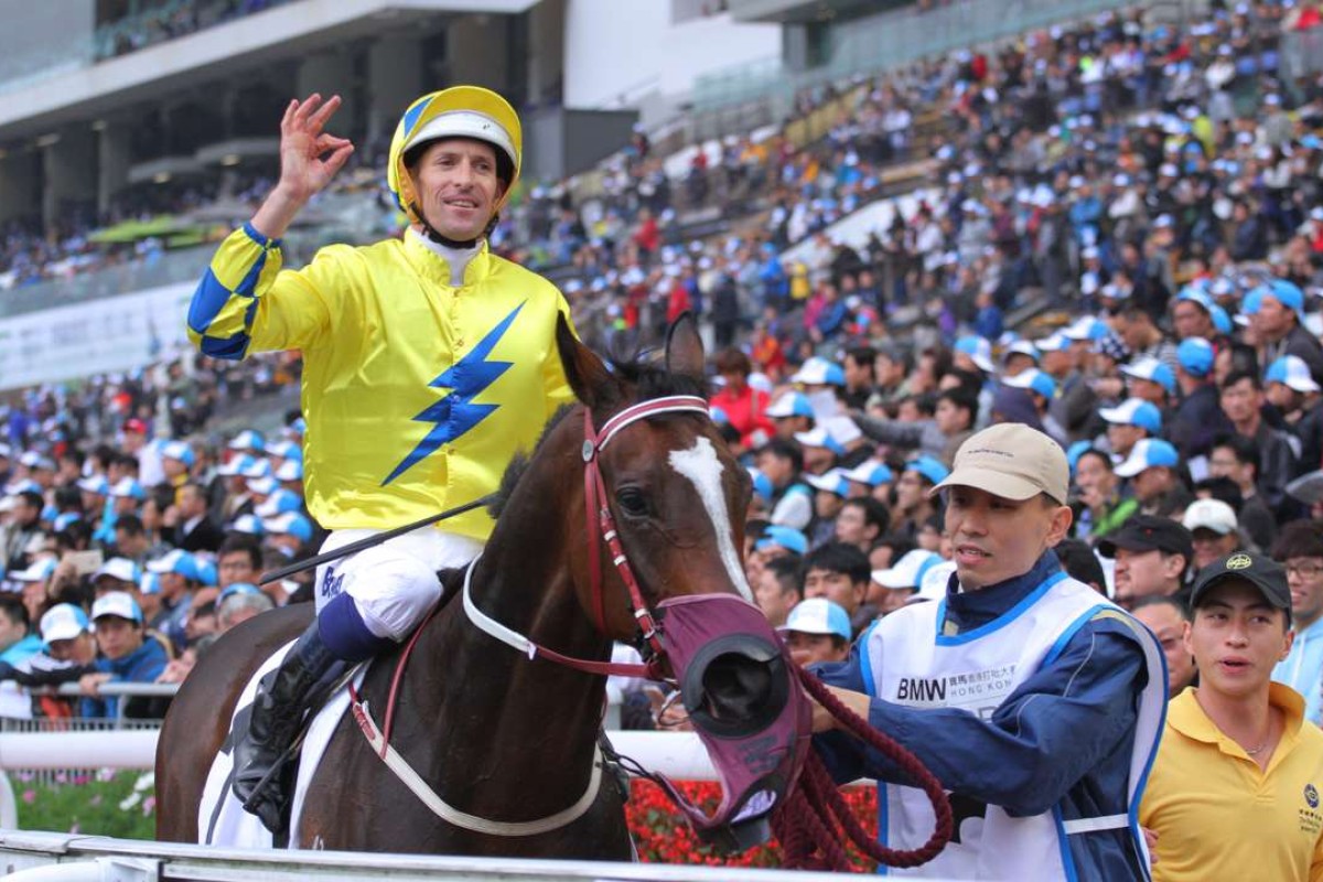 Hugh Bowman celebrates after winning the 2016 Hong Kong Derby with Werther. Photos: Kenneth Chan