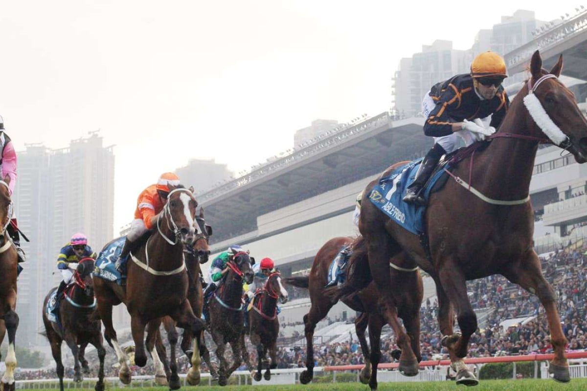Able Friend, ridden by Joao Moreira, wins the 2015 The Stewards' Cup at Sha Tin. Photo: Kenneth Chan