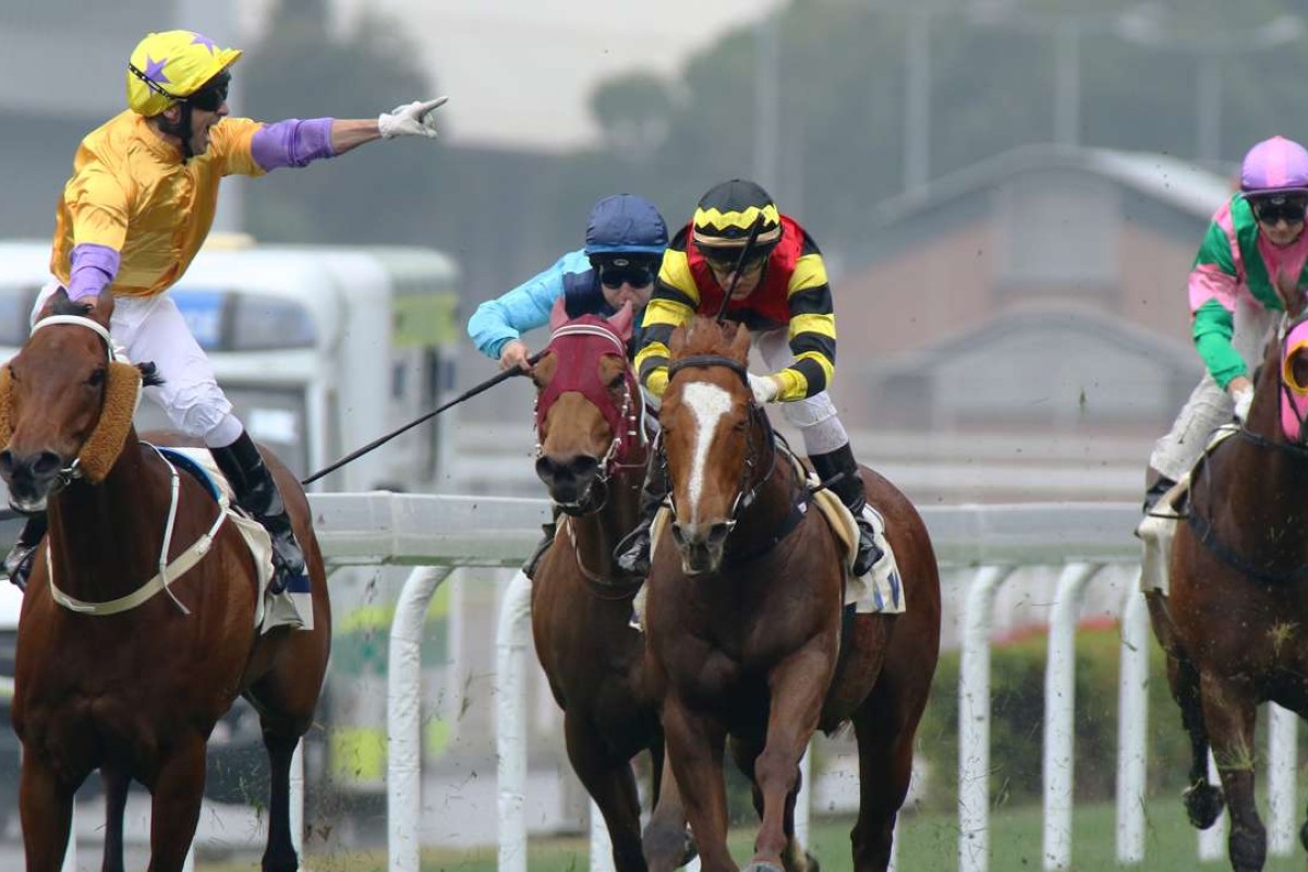 Neil Callan points at the crowd after taking out the Group Two Centenary Sprint at Sha Tin on Monday. Photos: Kenneth Chan