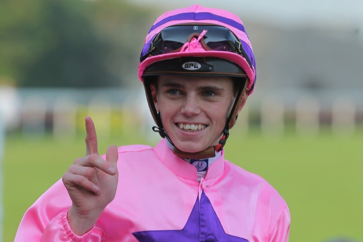 Callan Murray is all smiles after winning the Group Three Sha Tin Vase. Photos: Kenneth Chan