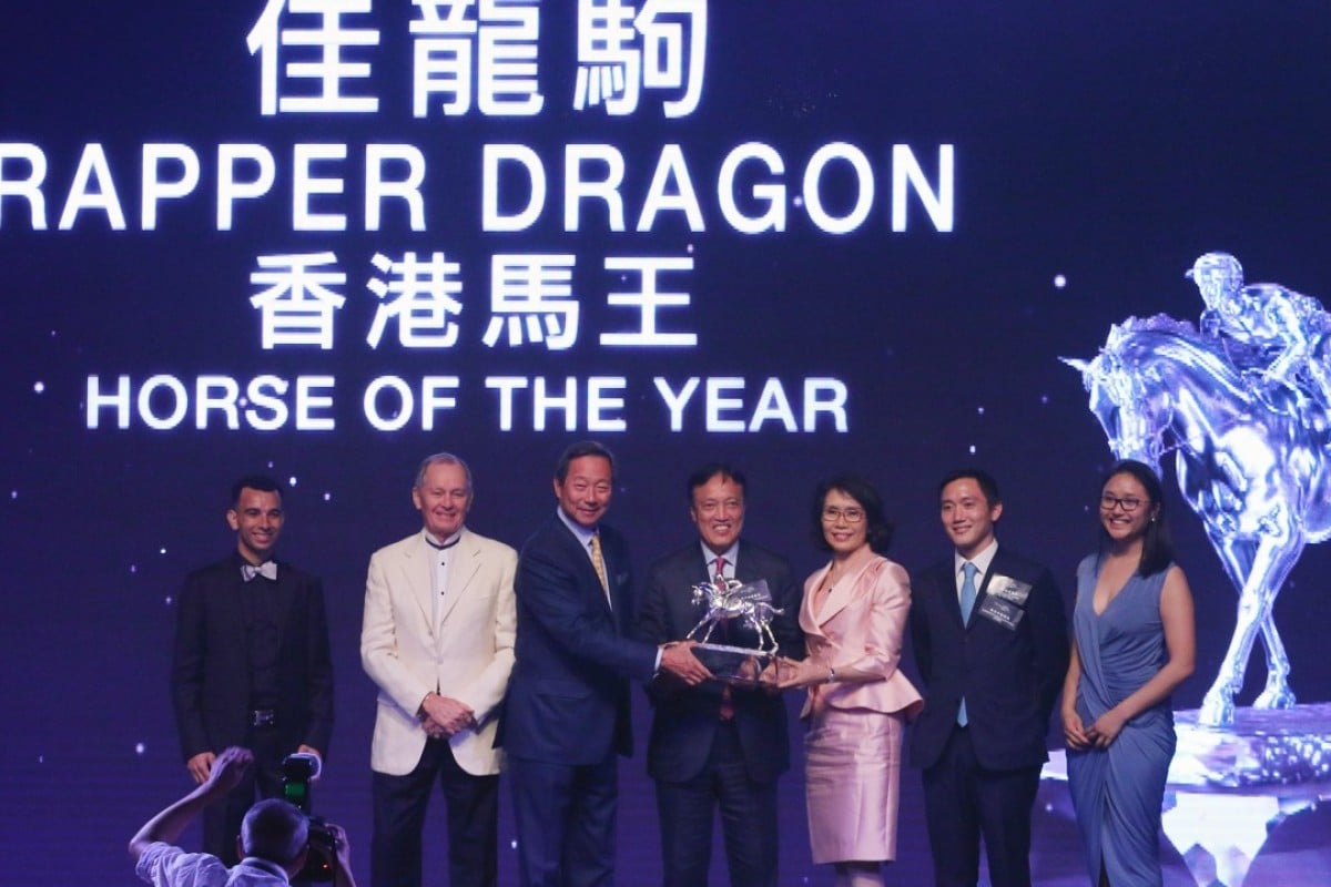 Rapper Dragon’s owner, Albert Hung, celebrates with the trophy after winning Horse of the Year. Photos: Kenneth Chan