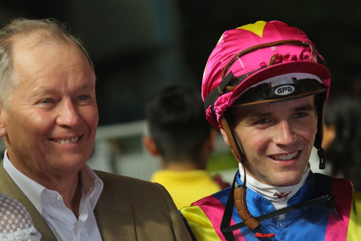 Jockey Sam Clipperton and John Moore after one of their 16 winners together last season. Photos: Kenneth Chan.