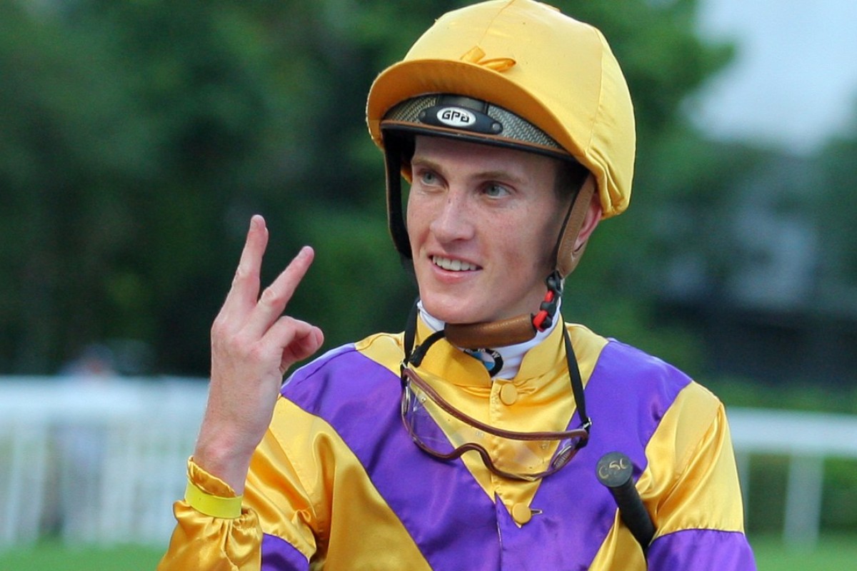 Chad Schofield celebrates his treble after lifting Citron Spirit home at Sha Tin on Sunday. Photos: Kenneth Chan