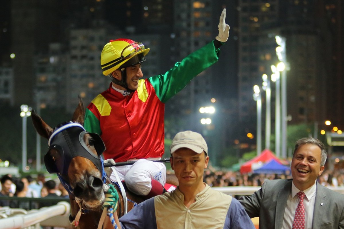 Olivier Doleuze celebrates his first winner of the season after saluting aboard Jumbo Happiness. Photos: Kenneth Chan