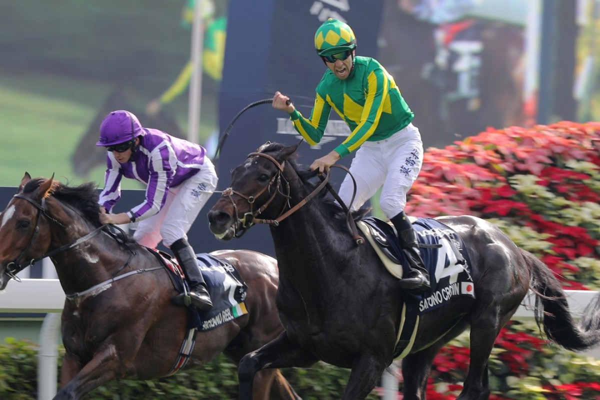 Joao Moreira waves his whip as Satono Crown (right) beats Highland Reel in the 2016 Hong Kong Vase. Photos: Kenneth Chan