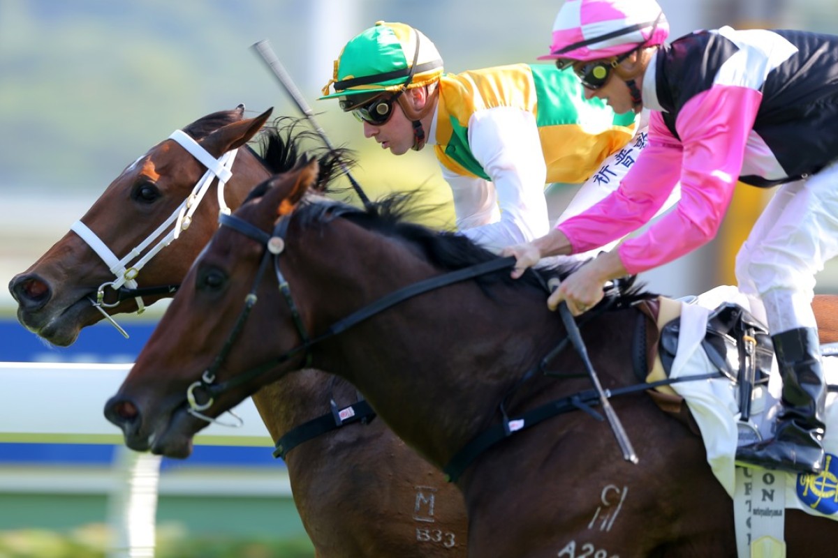 Sam Clipperton and Sparkling Dragon hold off Zac Purton and Win Beauty Win. Photos: Kenneth Chan