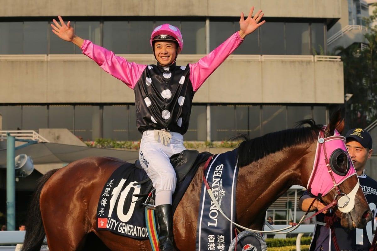 Derek Leung celebrates his greatest moment with victory on Beauty Generation in the Hong Kong Mile. Photo: Kenneth Chan