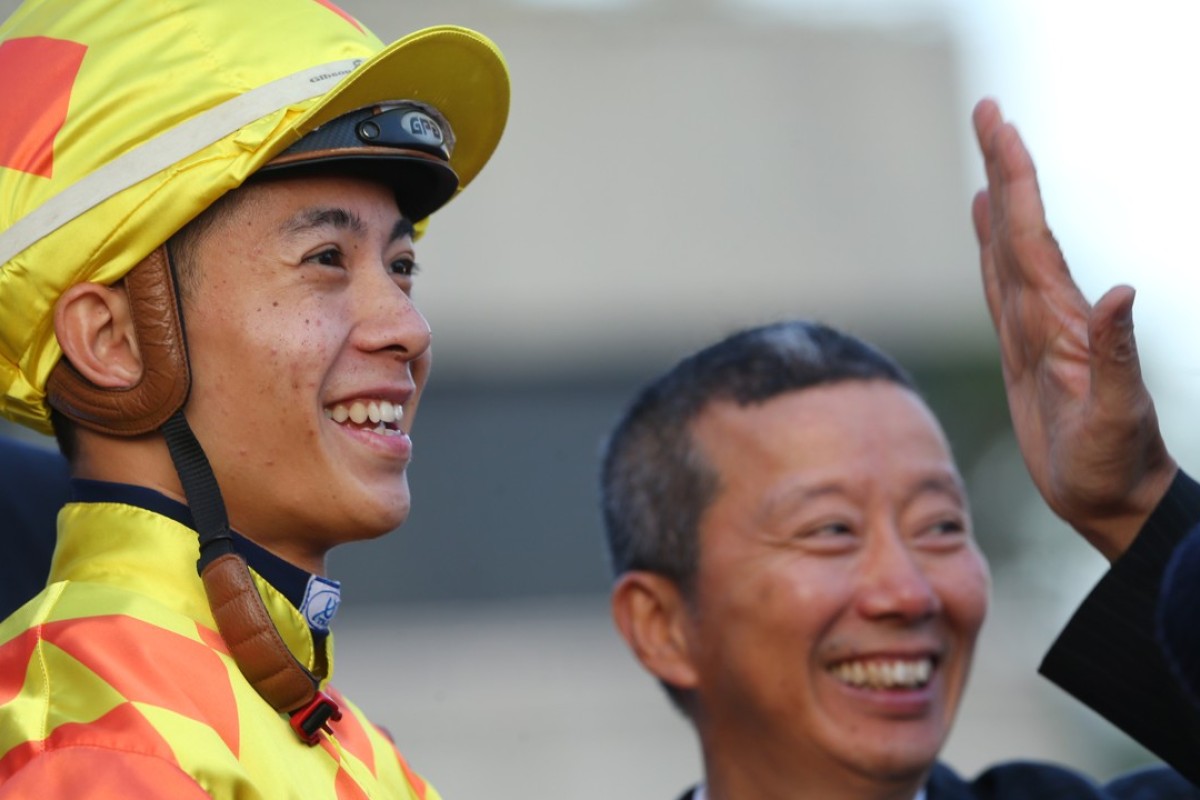 Derek Leung and trainer Benno Yung after Pingwu Spark’s victory in a Class Two event at Sha Tin last November. Photos: Kenneth Chan