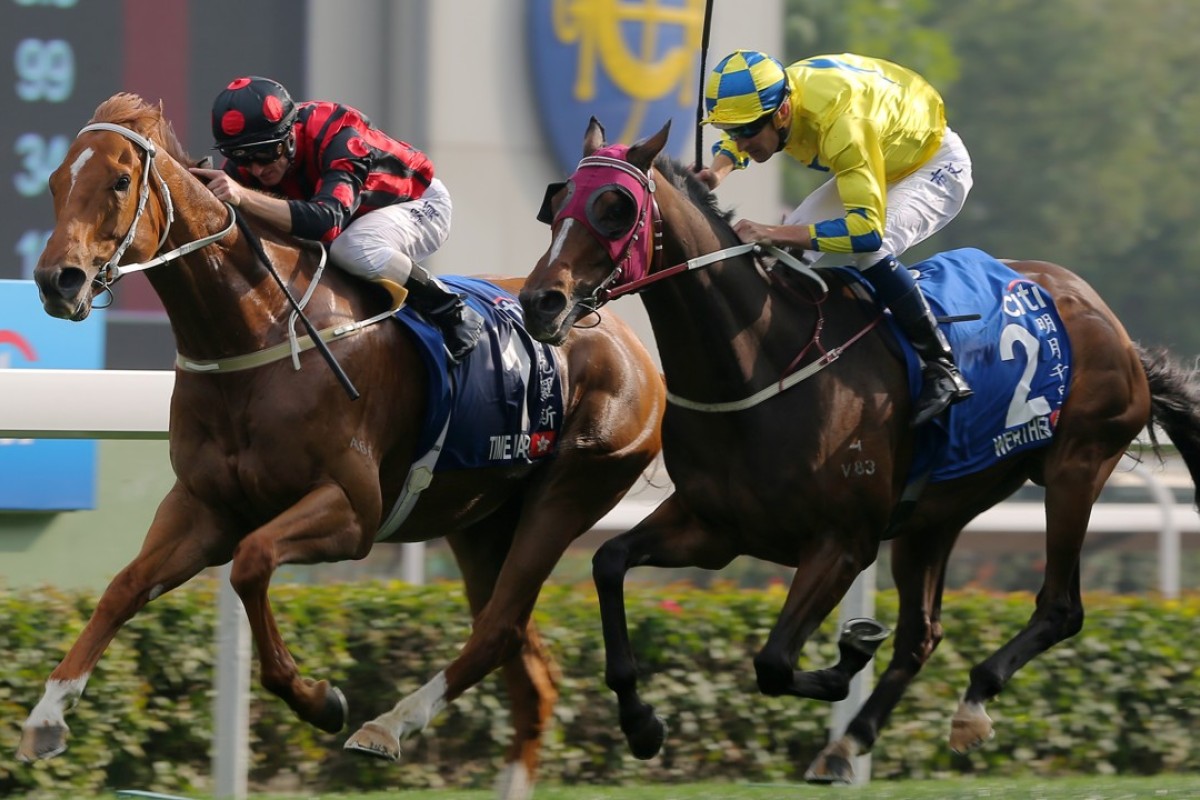 Zac Purton urges Time Warp to victory in the Group One Citi Hong Kong Gold Cup, beating Hugh Bowman and Werther. Photos Kenneth Chan