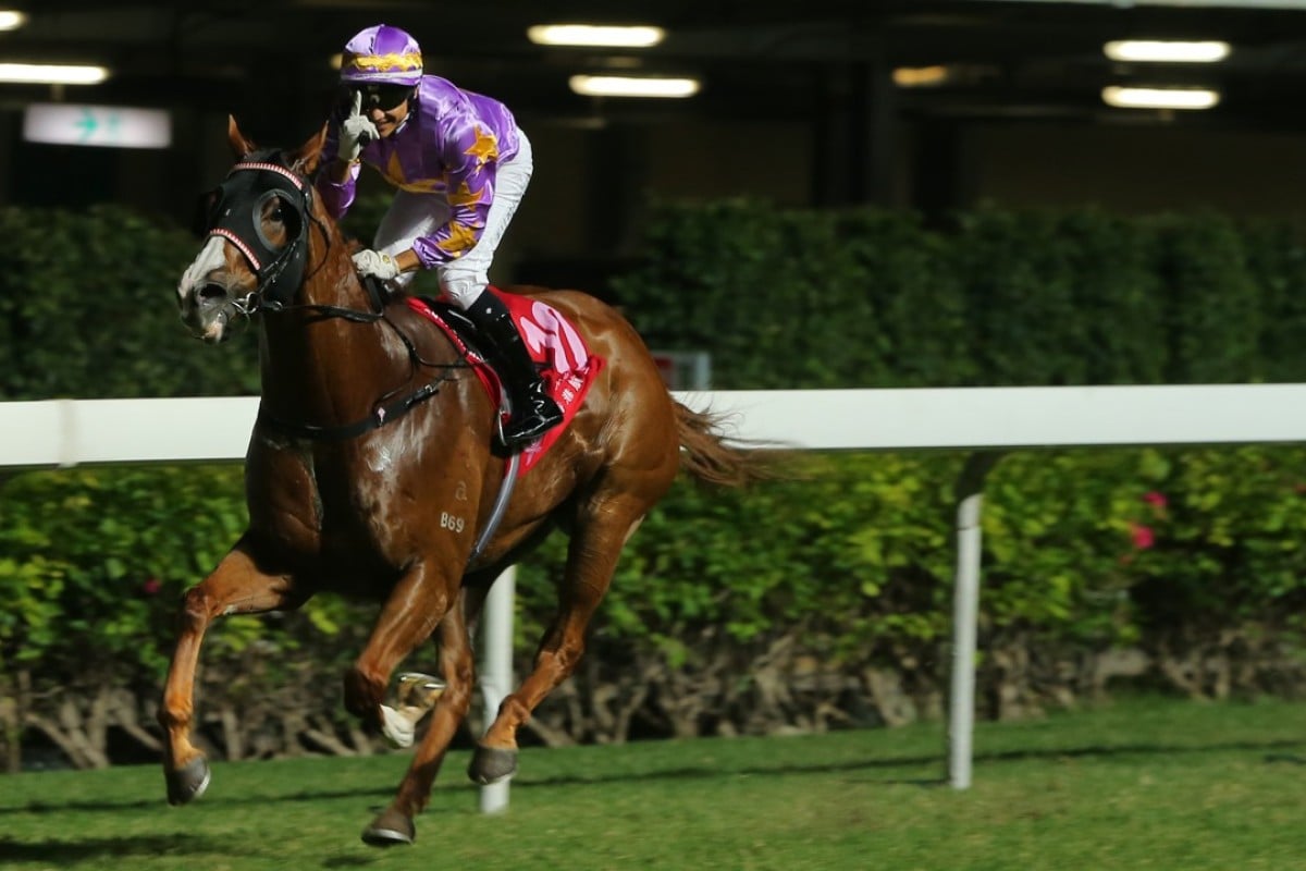 Grant van Niekerk celebrates as Little Bird leaves his rivals in his wake at Happy Valley on Wednesday night. Photo: Kenneth Chan