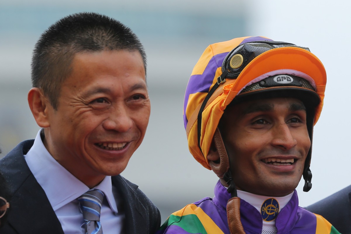 Danny Shum and Karis Teetan celebrate Perfect Match’s win in the Griffin Trophy. Photos: Kenneth Chan