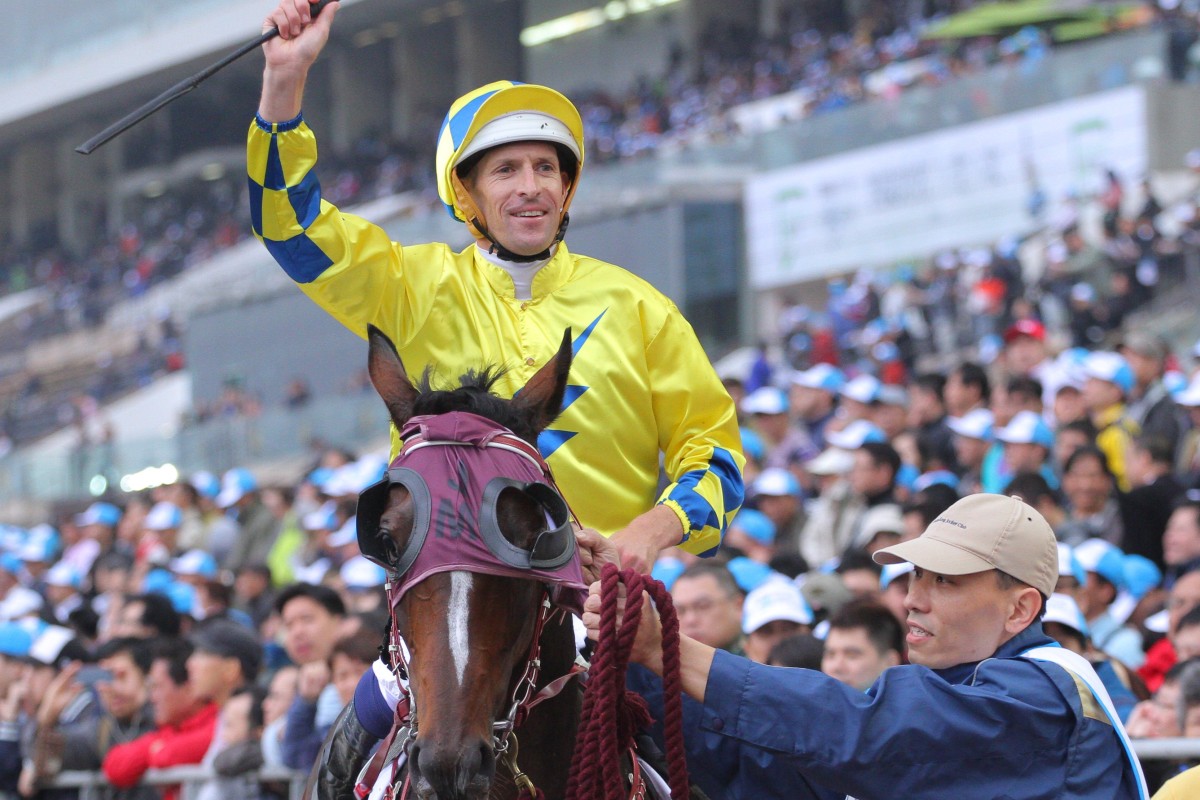 Hugh Bowman after winning the BMW Hong Kong Derby on Werther in 2016. Photos: Kenneth Chan