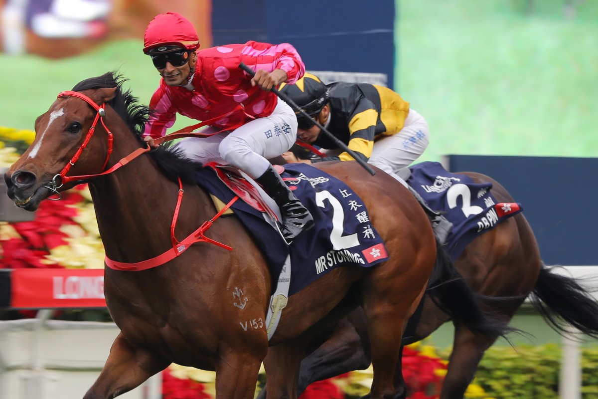 Karis Teetan celebrates as Mr Stunning takes out the Hong Kong Sprint in December. Photos: Kenneth Chan