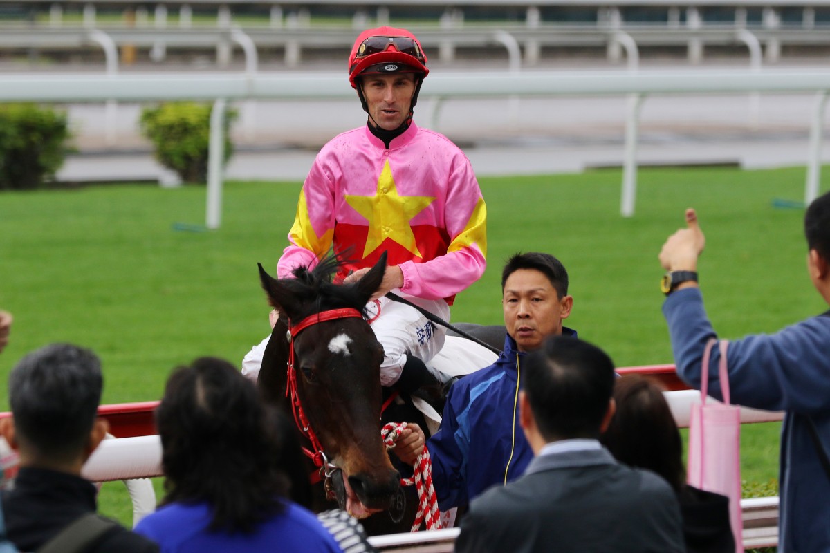 Tye Angland returns to scale after winning aboard Follow Me in November. Photos: Kenneth Chan