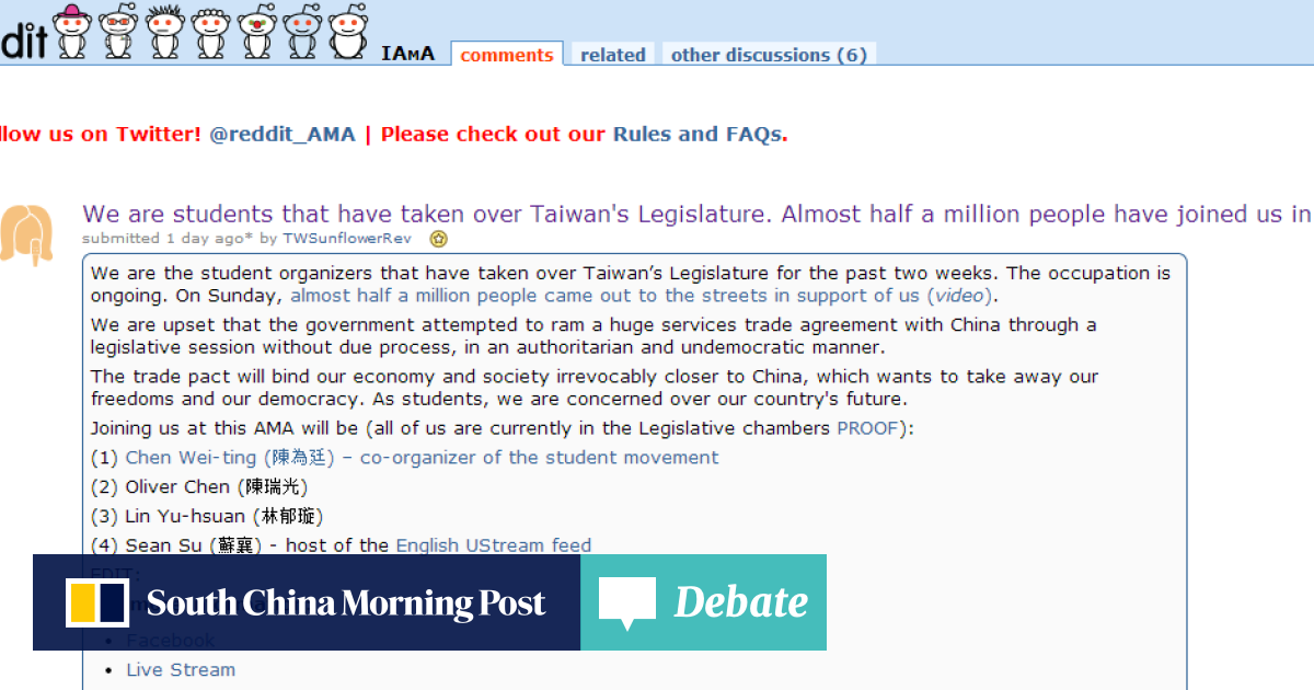 Taiwanese Protesters Use Reddit To Promote Awareness Of Controversial China Trade Pact South China Morning Post